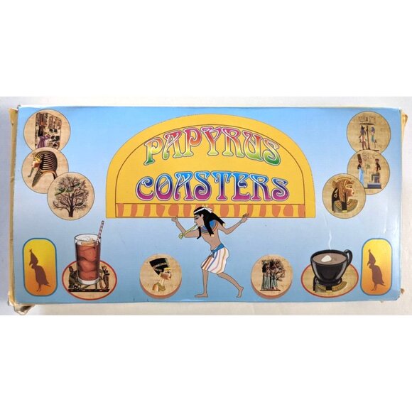 Box Of 6 VTG Papyrus Coaster Egyptian 4 In. Water Heat Resistant Lined Unused - Picture 3 of 10